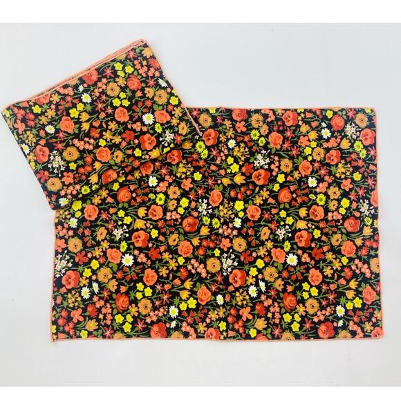Vintage Napkins Hankies Set of 2 Printed Flower Power Orange Black Yellow 1960s - Picture 1 of 8